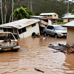 A flooded Queensland landscape. Houses submerged in murky water, cars floating down streets. Despair and devastation on people's faces. Overturned belongings scattered everywhere.