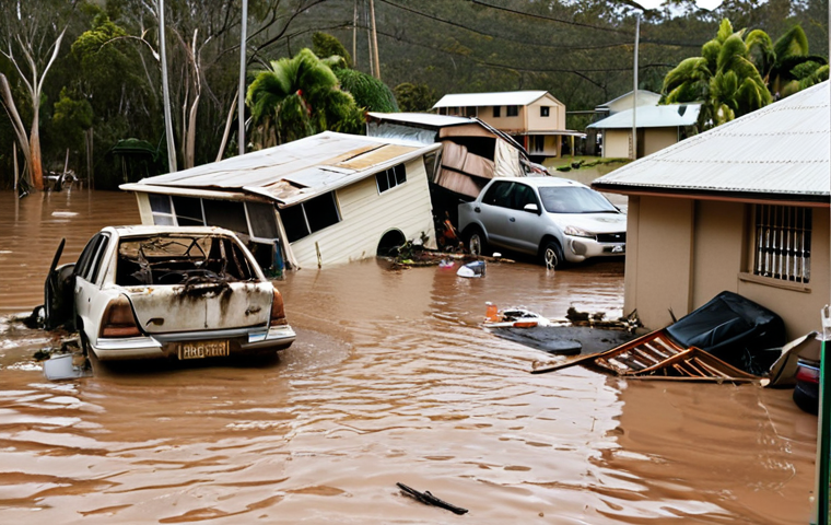 A flooded Queensland landscape. Houses submerged in murky water, cars floating down streets. Despair and devastation on people's faces. Overturned belongings scattered everywhere.